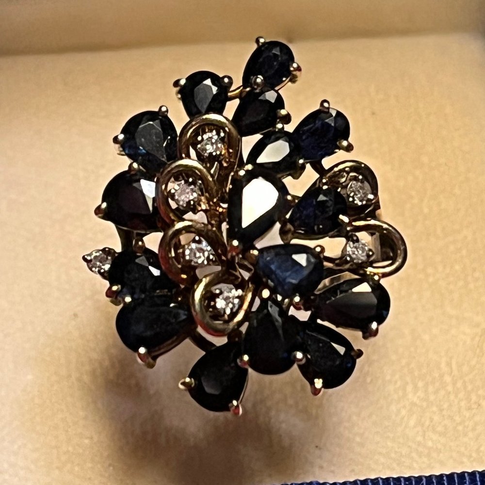 Blue Sapphire and Diamond Waterfall Cluster 14KT Yellow Gold Ring - Size 7